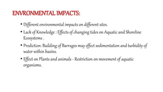 ENVRONMENTAL IMPACTS:
• Different environmental impacts on different sites.
• Lack of Knowledge : Effects of changing tides on Aquatic and Shoreline
Ecosystems .
• Prediction: Building of Barrages may effect sedimentation and turbidity of
water within basins.
• Effect on Plants and animals - Restriction on movement of aquatic
organisms.
 