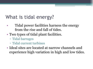 What is tidal energy?
• Tidal power facilities harness the energy
from the rise and fall of tides.
• Two types of tidal plant facilities.
▫ Tidal barrages
▫ Tidal current turbines
• Ideal sites are located at narrow channels and
experience high variation in high and low tides.
 