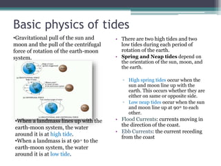 Basic physics of tides
• There are two high tides and two
low tides during each period of
rotation of the earth.
• Spring and Neap tides depend on
the orientation of the sun, moon, and
the earth.
▫ High spring tides occur when the
sun and moon line up with the
earth. This occurs whether they are
either on same or opposite side.
▫ Low neap tides occur when the sun
and moon line up at 90 ͦ to each
other.
• Flood Currents: currents moving in
the direction of the coast.
• Ebb Currents: the current receding
from the coast
•Gravitational pull of the sun and
moon and the pull of the centrifugal
force of rotation of the earth-moon
system.
•When a landmass lines up with the
earth-moon system, the water
around it is at high tide.
•When a landmass is at 90 ͦ to the
earth-moon system, the water
around it is at low tide.
 