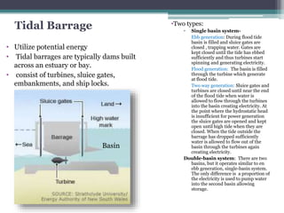 Tidal Barrage •Two types:
• Single basin system-
Ebb generation: During flood tide
basin is filled and sluice gates are
closed , trapping water. Gates are
kept closed until the tide has ebbed
sufficiently and thus turbines start
spinning and generating electricity.
Flood generation: The basin is filled
through the turbine which generate
at flood tide.
Two way generation: Sluice gates and
turbines are closed until near the end
of the flood tide when water is
allowed to flow through the turbines
into the basin creating electricity. At
the point where the hydrostatic head
is insufficient for power generation
the sluice gates are opened and kept
open until high tide when they are
closed. When the tide outside the
barrage has dropped sufficiently
water is allowed to flow out of the
basin through the turbines again
creating electricity.
Double-basin system: There are two
basins, but it operates similar to en
ebb generation, single-basin system.
The only difference is a proportion of
the electricity is used to pump water
into the second basin allowing
storage.
• Utilize potential energy
• Tidal barrages are typically dams built
across an estuary or bay.
• consist of turbines, sluice gates,
embankments, and ship locks.
Basin
 