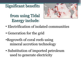 Significant benefits
from using Tidal
Energy include:
include
• Electrification of isolated communities
• Generation for the grid
•Regrowth of coral reefs using
mineral accretion technology
• Substitution of imported petroleum
used to generate electricity

 