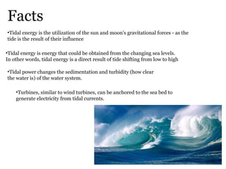 Facts
•Tidal energy is the utilization of the sun and moon's gravitational forces - as the
tide is the result of their influence
•Tidal energy is energy that could be obtained from the changing sea levels.
In other words, tidal energy is a direct result of tide shifting from low to high
•Tidal power changes the sedimentation and turbidity (how clear
the water is) of the water system.
•Turbines, similar to wind turbines, can be anchored to the sea bed to
generate electricity from tidal currents.
 