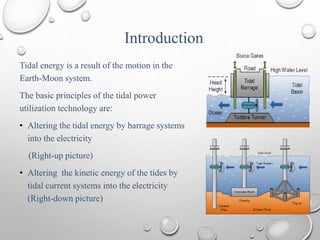 Introduction
Tidal energy is a result of the motion in the
Earth-Moon system.
The basic principles of the tidal power
utilization technology are:
• Altering the tidal energy by barrage systems
into the electricity
(Right-up picture)
• Altering the kinetic energy of the tides by
tidal current systems into the electricity
(Right-down picture)
 