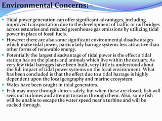 Environmental Concerns: -
 Tidal power generation can offer significant advantages, including
improved transportation due to the development of traffic or rail bridges
across estuaries and reduced greenhouse gas emissions by utilizing tidal
power in place of fossil fuels.
 However there are also some significant environmental disadvantages
which make tidal power, particularly barrage systems less attractive than
other forms of renewable energy.
 Potentially the largest disadvantage of tidal power is the effect a tidal
station has on the plants and animals which live within the estuary. As
very few tidal barrages have been built, very little is understood about
the full impact of tidal power systems on the local environment. What
has been concluded is that the effect due to a tidal barrage is highly
dependent upon the local geography and marine ecosystem.
 Wales have been caught in tidal generators.
 Fish may move through sluices safely, but when these are closed, fish will
seek out turbines and attempt to swim through them. Also, some fish
will be unable to escape the water speed near a turbine and will be
sucked through.
 