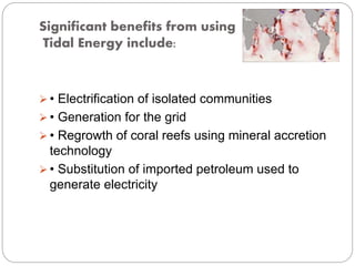 Significant benefits from using
Tidal Energy include:
 • Electrification of isolated communities
 • Generation for the grid
 • Regrowth of coral reefs using mineral accretion
technology
 • Substitution of imported petroleum used to
generate electricity
 