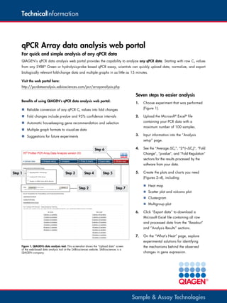 TechnicalInformation

qPCR Array data analysis web portal
For quick and simple analysis of any qPCR data
QIAGEN’s qPCR data analysis web portal provides the capability to analyze any qPCR data. Starting with raw CT values
from any SYBR® Green or hydrolysis-probe based qPCR assay, scientists can quickly upload data, normalize, and export
biologically relevant fold-change data and multiple graphs in as little as 15 minutes.
Visit the web portal here:
http://pcrdataanalysis.sabiosciences.com/pcr/arrayanalysis.php

Seven steps to easier analysis
Benefits of using QIAGEN‘s qPCR data analysis web portal:

1.		 Choose experiment that was performed

„„ Reliable conversion of any qPCR CT values into fold changes
„„ Fold changes include p-value and 95% confidence intervals
„„ Automatic housekeeping gene recommendation and selection
„„ Multiple graph formats to visualize data

(Figure 1).
2.		 Upload the Microsoft® Excel® file
containing your PCR data with a
maximum number of 100 samples.
3.		 Input information into the “Analysis

„„ Suggestions for future experiments

setup” page.
4.		 See the “Average ΔCT”, “2^(−ΔCT)”, “Fold

Step 6

Change”, “p-value”, and “Fold Regulation”
sections for the results processed by the
software from your data.

Step 1

Step 3

Step 4

5.		 Create the plots and charts you need

Step 5

(Figures 2–4), including:
Step 2

Step 7

		 Heat map
		 Scatter plot and volcano plot
		 Clustergram
		 Multigroup plot
6.		 Click “Export data” to download a
Microsoft Excel file containing all raw
and processed data from the “Readout”
and “Analysis Results” sections.
7.		 On the “What’s Next” page, explore
experimental solutions for identifying

Figure 1. QIAGEN’s data analysis tool. This screenshot shows the ”Upload data” screen
of the web-based data analysis tool at the SABiosciences website. SABiosciences is a
QIAGEN company.

the mechanisms behind the observed
changes in gene expression.

Sample & Assay Technologies

 
