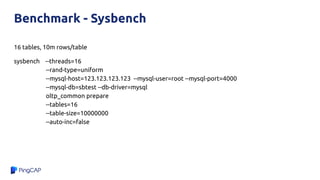 Benchmark - Sysbench
16 tables, 10m rows/table
sysbench --threads=16
--rand-type=uniform
--mysql-host=123.123.123.123 --mysql-user=root --mysql-port=4000
--mysql-db=sbtest --db-driver=mysql
oltp_common prepare
--tables=16
--table-size=10000000
--auto-inc=false
 