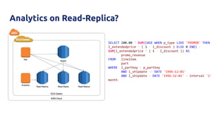 Analytics on Read-Replica?
SELECT 100.00 * SUM(CASE WHEN p_type LIKE 'PROMO%' THEN
l_extendedprice * ( 1 - l_discount ) ELSE 0 END) /
SUM(l_extendedprice * ( 1 - l_discount )) AS
promo_revenue
FROM lineitem,
part
WHERE l_partkey = p_partkey
AND l_shipdate >= DATE '1996-12-01'
AND l_shipdate < DATE '1996-12-01' + interval '1'
month;
 