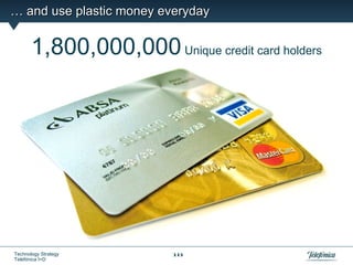 … and use plastic money everyday


       1,800,000,000 Unique credit card holders




Technology Strategy       10
Telefónica I+D
 