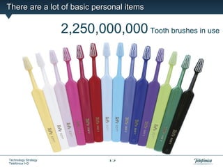 There are a lot of basic personal items

                      2,250,000,000 Tooth brushes in use




Technology Strategy             12
Telefónica I+D
 