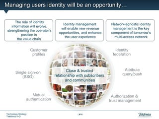 Managing users identity will be an opportunity…

       The role of identity
                                       Identity management          Network-agnostic identity
    information will evolve,
                                      will enable new revenue        management is the key
 strengthening the operator’s
                                     opportunities, and enhance     component of tomorrow’s
          position in
                                        the user experience           multi-access network
        the value chain


                      Customer                                         Identity
                       profiles                                      federation



                                          Close & trusted                   Attribute
        Single sign-on                                                     query/push
            (SSO)                  relationship with subscribers
                                          and communities


                     Mutual                                          Authorization &
                  authentication                                   trust management


Technology Strategy                             34
Telefónica I+D
 