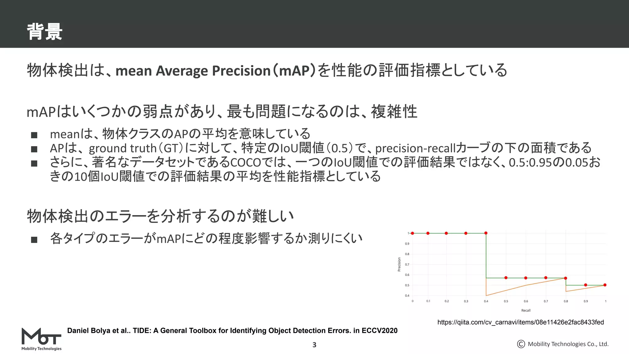 Mobility Technologies Co., Ltd.
3
物体検出は、mean Average Precision（mAP）を性能の評価指標としている
mAPはいくつかの弱点があり、最も問題になるのは、複雑性
■ meanは、物体クラスのAPの平均を意味している
■ APは、 ground truth（GT）に対して、特定のIoU閾値（0.5）で、precision-recallカーブの下の面積である
■ さらに、著名なデータセットであるCOCOでは、一つのIoU閾値での評価結果ではなく、0.5:0.95の0.05お
きの10個IoU閾値での評価結果の平均を性能指標としている
物体検出のエラーを分析するのが難しい
■ 各タイプのエラーがmAPにどの程度影響するか測りにくい
背景
Daniel Bolya et al.. TIDE: A General Toolbox for Identifying Object Detection Errors. in ECCV2020
https://qiita.com/cv_carnavi/items/08e11426e2fac8433fed
 
