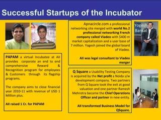 Successful Startups of the Incubator  Apnacircle.com  a professional networking site merged with  world No.2 professional networking French company called Viadeo  with $400 m market capitalization and a user base of 7 million. Yogesh joined the global board of Viadeo. AII was legal consultant to Viadeo merger Yogesh Bansal Q Square  a Usability Testing Company is acquired by the  Net profit  a Noida s/w development company. Two partners from Q Square took the exit at good valuation and one partner Ramesh Mehrotra became the  Chief Operations Officer and partner  in new entity. AII transformed Business Model for QSquare. PAPAM  a virtual Incubatee at AII provides  corporate an end to end comprehensive Reward & Recognition program   for employees & Customers  through  its flagship programs. The company aims to close financial year 2010-11 with revenue of USD 1 Million plus. AII raised 1 Cr. for PAPAM 