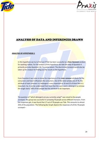ANALYSIS OF DATA AND INFERENCES DRAWN




ANALYSIS OF HYPOTHESIS 1



      In this hypothesis we try to find out if Tide has been successful as a Stain Remover product
      for washing clothes. For the analysis of this hypothesis we take the help of Question 4
      primarily and also Question 6 & 7 to some extent. The discriminant analysis would also be
      taken up for analysis for finding out the results to the hypothesis.



      From Question 6 we come to know the importance of the stain remover attribute for the
      consumers and how it influences the consumers. Out of the total sample size of 70, the
      attribute of stain remover in a detergent is very important to 10 and 25 of them feel it is
      important. So, it can be understood from here that the users want a detergent to remove
      the tough stains. 50% of the people feel the attribute to be important.



      The question of “which detergent are you currently using?” was raised to the people
      surveyed. The group was successful in surveying 70 people across different horizons. From
      the responses got, it was found that 17 out of 70 people use Tide. This amounts to almost
      25% of the population. The following Bar Graph depicts the responses of all the 70 people
      surveyed –




                                                                                                    29
 