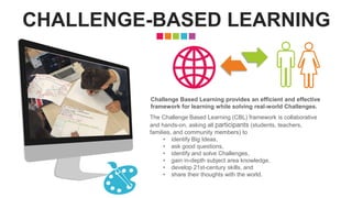 CHALLENGE-BASED LEARNING
The Challenge Based Learning (CBL) framework is collaborative
and hands-on, asking all participants (students, teachers,
families, and community members) to
• identify Big Ideas,
• ask good questions,
• identify and solve Challenges,
• gain in-depth subject area knowledge,
• develop 21st-century skills, and
• share their thoughts with the world.
Challenge Based Learning provides an efficient and effective
framework for learning while solving real-world Challenges.
 