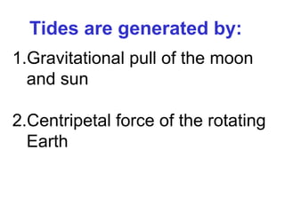 Tides are generated by:
1.Gravitational pull of the moon
  and sun

2.Centripetal force of the rotating
  Earth
 