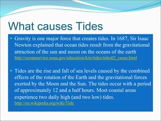 What causes Tides
 Gravity is one major force that creates tides. In 1687, Sir Isaac
 Newton explained that ocean tides result from the gravitational
 attraction of the sun and moon on the oceans of the earth
 http://oceanservice.noaa.gov/education/kits/tides/tides02_cause.html

 Tides are the rise and fall of sea levels caused by the combined
 effects of the rotation of the Earth and the gravitational forces
 exerted by the Moon and the Sun. The tides occur with a period
 of approximately 12 and a half hours. Most coastal areas
 experience two daily high (and two low) tides.
 http://en.wikipedia.org/wiki/Tide
 