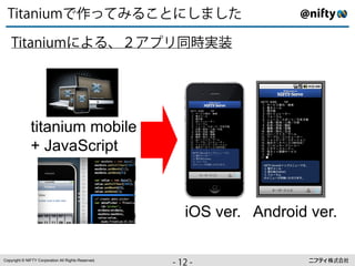 ⇥ ⇧⌃
      ⇤ ⇥⌥ ÁË‡zÈ‰ﬂ{≈‚≈„
       ⌅

        ⇥ ⇧⌃
        ⇤ ⇥⌥{”Èß«]✓⇣⌘ºΩ
         ⌅




              titanium mobile
              + JavaScript



                                                      iOS ver. Android ver.

Copyright © NIFTY Corporation All Rights Reserved.
                                                     ⇢.
                                                     ++
                                                      å⇢
 