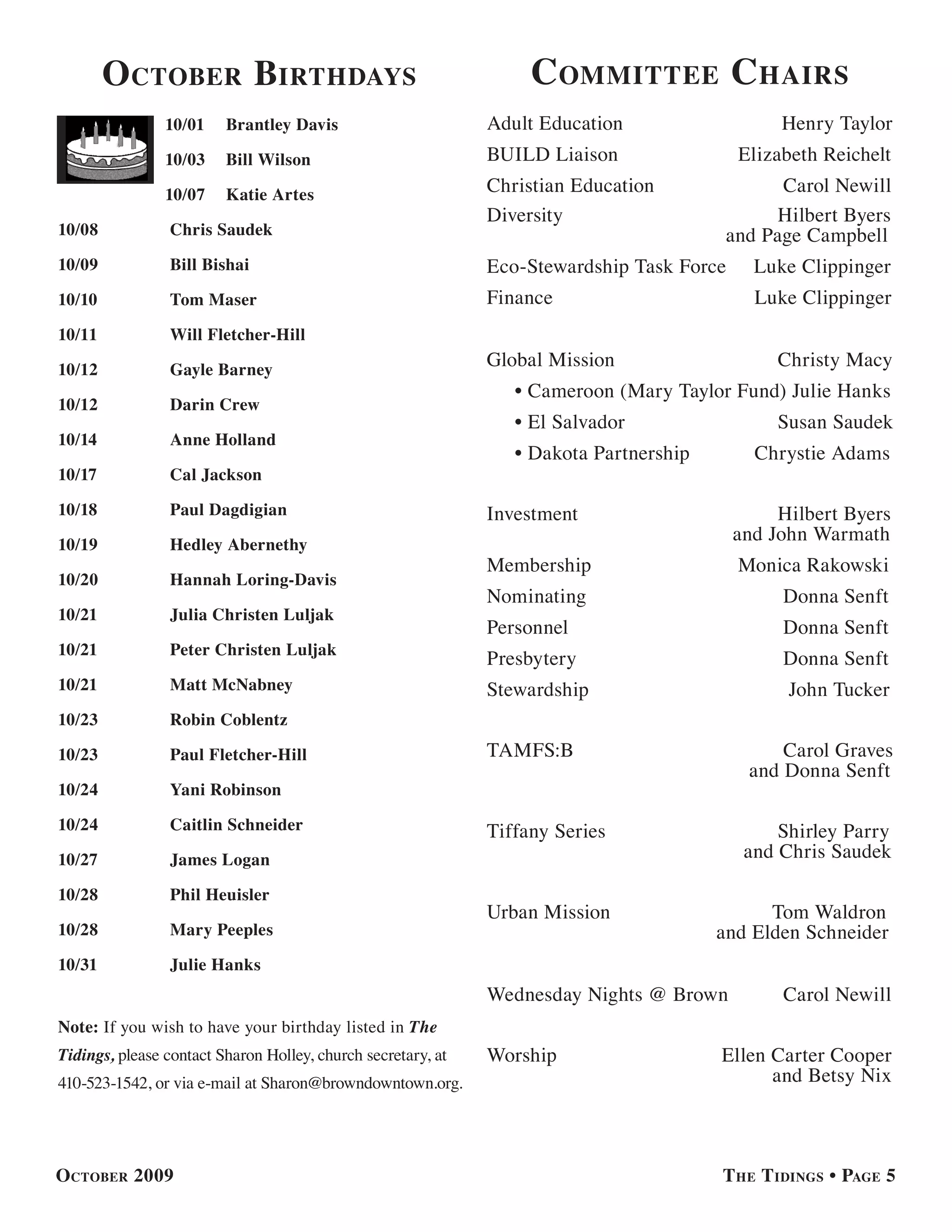 o ctober birthdays                                         committee chairs
                10/01    Brantley Davis                       Adult Education                   Henry Taylor
                10/03    Bill Wilson                          BUILD Liaison                Elizabeth Reichelt
                10/07    Katie Artes                          Christian Education              Carol Newill
                                                              Diversity                        Hilbert Byers
10/08           Chris Saudek                                                             and Page Campbell
10/09           Bill Bishai                                   Eco-Stewardship Task Force     Luke Clippinger
10/10           Tom Maser                                     Finance                        Luke Clippinger
10/11           Will Fletcher-Hill

10/12           Gayle Barney
                                                              Global Mission                    Christy Macy
                                                                 • Cameroon (Mary Taylor Fund) Julie Hanks
10/12           Darin Crew
                                                                 • El Salvador                  Susan Saudek
10/14           Anne Holland
                                                                 • Dakota Partnership        Chrystie Adams
10/17           Cal Jackson

10/18           Paul Dagdigian                                Investment                        Hilbert Byers
10/19           Hedley Abernethy
                                                                                           and John Warmath
                                                              Membership                   Monica Rakowski
10/20           Hannah Loring-Davis
                                                              Nominating                        Donna Senft
10/21           Julia Christen Luljak
                                                              Personnel                         Donna Senft
10/21           Peter Christen Luljak
                                                              Presbytery                        Donna Senft
10/21           Matt McNabney                                 Stewardship                        John Tucker
10/23           Robin Coblentz

10/23           Paul Fletcher-Hill                            TAMFS:B                           Carol Graves
                                                                                            and Donna Senft
10/24           Yani Robinson

10/24           Caitlin Schneider                             Tiffany Series                    Shirley Parry
10/27           James Logan                                                                 and Chris Saudek

10/28           Phil Heuisler
                                                              Urban Mission                   Tom Waldron
10/28           Mary Peeples                                                            and Elden Schneider
10/31           Julie Hanks
                                                              Wednesday Nights @ Brown          Carol Newill
Note: If you wish to have your birthday listed in The
Tidings, please contact Sharon Holley, church secretary, at   Worship                   Ellen Carter Cooper
410-523-1542, or via e-mail at Sharon@browndowntown.org.                                      and Betsy Nix



october 2009                                                                            t he t idinGs • PaGe 5
 