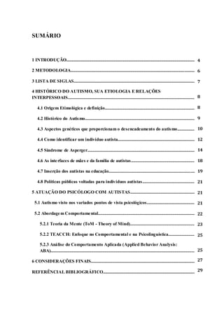 SUMÁRIO

1 INTRODUÇÃO.................................................................................................................... 4
2 METODOLOGIA.................................................................................................................
6
3 LISTA DE SIGLAS........................................................................................................... 7
4 HISTÓRICO DO AUTISMO, SUA ETIOLOGIA E RELAÇÕES
INTERPESSOAIS................................................................................................................. 8
4.1 Origem Etimológica e definição................................................................................. 8
4.2 Histórico do Autis mo.................................................................................................. 9
4.3 Aspectos genéticos que proporcionam o desencadeamento do autis mo..................10
4.4 Como identificar um indivíduo autista...................................................................... 12
4.5 Síndrome de Asperger................................................................................................ 14
4.6 As inte rfaces de mães e da família de autistas...........................................................18
4.7 Inserção dos autistas na educação............................................................................. 19
4.8 Políticas públicas voltadas para indivíduos autistas................................................ 21
5 ATUAÇÃO DO PSICÓLOGO COM AUTISTAS........................................................... 21
5.1 Autis mo visto nos variados pontos de vista psicológicos............................................ 21
5.2 Abordage m Comportame ntal....................................................................................... 22
5.2.1 Teoria da Mente (ToM - Theory of Mind).......................................................... 23
5.2.2 TEACCH: Enfoque no Comportamental e na Psicolinguística......................... 25
5.2.3 Análise do Comportamento Aplicada (Applied Behavior Analysis:
ABA)................................................................................................................................ 25
6 CONSIDERAÇÕES FINAIS.............................................................................................. 27
REFERÊNCIAL BIBLIOGRÁFICO................................................................................. 29

 