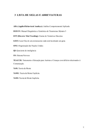 3 LISTA DE SIGLAS E ABREVIATURAS

ABA (Applied Behavioral Analisys): Análise Comportamental Aplicada
DSM IV: Manual Diagnóstico e Estatístico de Transtornos Mentais 5
DTT (Discrete Trial Teaching): Ensino de Tentativas Discretas
LOCI: Local fixo de um cromossomo onde está localizado um gene.
ONU: Organização das Nações Unidas
QI: Quociente de inteligência
SN: Sistema Nervoso
TEACCH: Tratamento e Educação para Autistas e Crianças com déficits relacionados à
Comunicação.
ToM: Teoria da Mente
ToME: Teoria da Mente Explícita
ToMI: Teoria da Mente Implícita

7

 