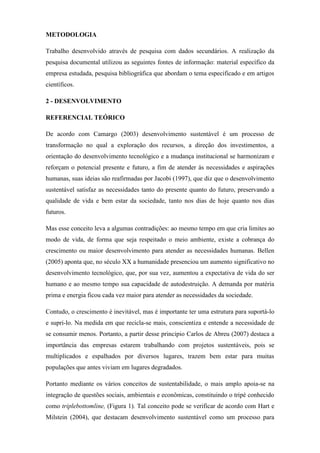 METODOLOGIA
Trabalho desenvolvido através de pesquisa com dados secundários. A realização da
pesquisa documental utilizou as seguintes fontes de informação: material específico da
empresa estudada, pesquisa bibliográfica que abordam o tema especificado e em artigos
científicos.
2 - DESENVOLVIMENTO
REFERENCIAL TEÓRICO
De acordo com Camargo (2003) desenvolvimento sustentável é um processo de
transformação no qual a exploração dos recursos, a direção dos investimentos, a
orientação do desenvolvimento tecnológico e a mudança institucional se harmonizam e
reforçam o potencial presente e futuro, a fim de atender às necessidades e aspirações
humanas, suas ideias são reafirmadas por Jacobi (1997), que diz que o desenvolvimento
sustentável satisfaz as necessidades tanto do presente quanto do futuro, preservando a
qualidade de vida e bem estar da sociedade, tanto nos dias de hoje quanto nos dias
futuros.
Mas esse conceito leva a algumas contradições: ao mesmo tempo em que cria limites ao
modo de vida, de forma que seja respeitado o meio ambiente, existe a cobrança do
crescimento ou maior desenvolvimento para atender as necessidades humanas. Bellen
(2005) aponta que, no século XX a humanidade presenciou um aumento significativo no
desenvolvimento tecnológico, que, por sua vez, aumentou a expectativa de vida do ser
humano e ao mesmo tempo sua capacidade de autodestruição. A demanda por matéria
prima e energia ficou cada vez maior para atender as necessidades da sociedade.
Contudo, o crescimento é inevitável, mas é importante ter uma estrutura para suportá-lo
e supri-lo. Na medida em que recicla-se mais, conscientiza e entende a necessidade de
se consumir menos. Portanto, a partir desse principio Carlos de Abreu (2007) destaca a
importância das empresas estarem trabalhando com projetos sustentáveis, pois se
multiplicados e espalhados por diversos lugares, trazem bem estar para muitas
populações que antes viviam em lugares degradados.
Portanto mediante os vários conceitos de sustentabilidade, o mais amplo apoia-se na
integração de questões sociais, ambientais e econômicas, constituindo o tripé conhecido
como triplebottomline, (Figura 1). Tal conceito pode se verificar de acordo com Hart e
Milstein (2004), que destacam desenvolvimento sustentável como um processo para
 