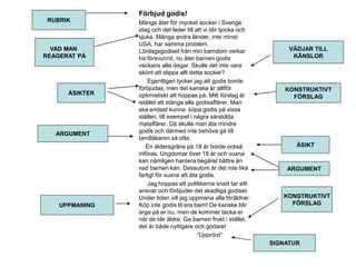 Förbjud godis! 
Många äter för mycket socker i Sverige 
idag och det leder till att vi blir tjocka och 
sjuka. Många andra länder, inte minst 
USA, har samma problem. 
Lördagsgodiset från min barndom verkar 
ha försvunnit, nu äter barnen godis 
veckans alla dagar. Skulle det inte vara 
skönt att slippa allt detta socker? 
Egentligen tycker jag att godis borde 
förbjudas, men det kanske är alltför 
optimistiskt att hoppas på. Mitt förslag är 
istället att stänga alla godisaffärer. Man 
ska endast kunna köpa godis på vissa 
ställen, till exempel i några särskilda 
mataffärer. Då skulle man äta mindre 
godis och därmed inte behöva gå till 
tandläkaren så ofta. 
En åldersgräns på 18 år borde också 
införas. Ungdomar över 18 år och vuxna 
kan nämligen hantera begäret bättre än 
vad barnen kan. Dessutom är det inte lika 
farligt för vuxna att äta godis. 
Jag hoppas att politikerna snart tar sitt 
ansvar och förbjuder det skadliga godiset. 
Under tiden vill jag uppmana alla föräldrar: 
Köp inte godis til era barn! De kanske blir 
arga på er nu, men de kommer tacka er 
när de blir äldre. Ge barnen frukt i stället, 
det är både nyttigare och godare! 
”Upprörd” 
RUBRIK 
VAD MAN 
REAGERAT PÅ 
ÅSIKTER 
ARGUMENT 
UPPMANING 
VÄDJAR TILL 
KÄNSLOR 
KONSTRUKTIVT 
FÖRSLAG 
ÅSIKT 
ARGUMENT 
KONSTRUKTIVT 
FÖRSLAG 
SIGNATUR 
 