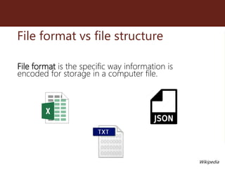 File format is the specific way information is
encoded for storage in a computer file.
File format vs file structure
Wikip...