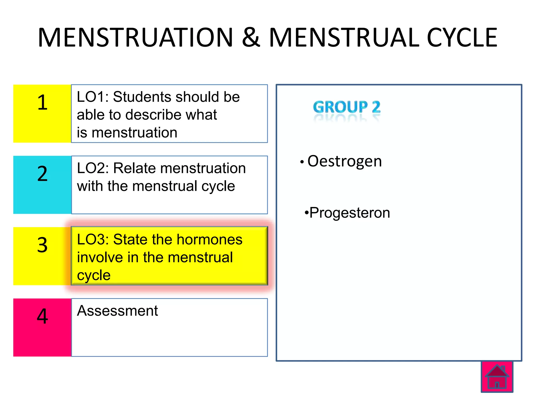 MENSTRUATION & MENSTRUAL CYCLE
    LO1: Students should be
1   able to describe what
    is menstruation
                               • Oestrogen
    LO2: Relate menstruation
2   with the menstrual cycle
                               •Progesteron
    LO3: State the hormones
3   involve in the menstrual
    cycle

    Assessment
4
 