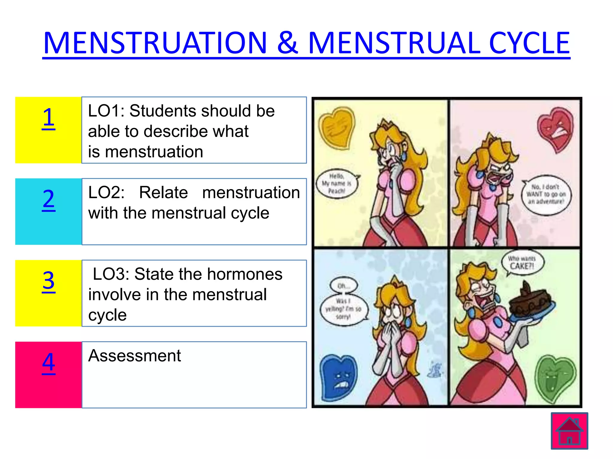 MENSTRUATION & MENSTRUAL CYCLE
    LO1: Students should be
1   able to describe what
    is menstruation

    LO2: Relate menstruation
2   with the menstrual cycle


     LO3: State the hormones
3   involve in the menstrual
    cycle

    Assessment
4
 