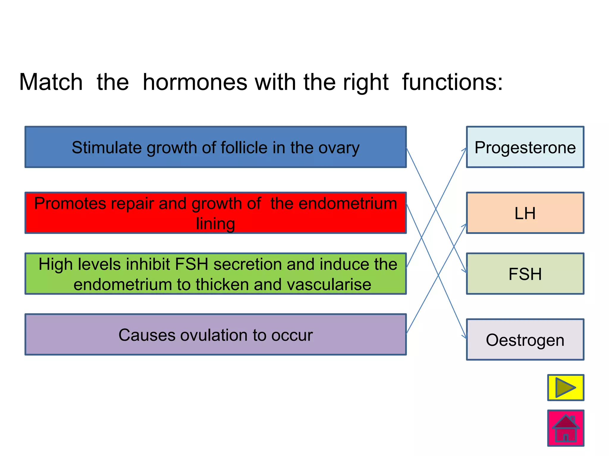 Match the hormones with the right functions:

     Stimulate growth of follicle in the ovary      Progesterone


 Promotes repair and growth of the endometrium
                                                        LH
                     lining

 High levels inhibit FSH secretion and induce the
                                                       FSH
     endometrium to thicken and vascularise

           Causes ovulation to occur                 Oestrogen
 