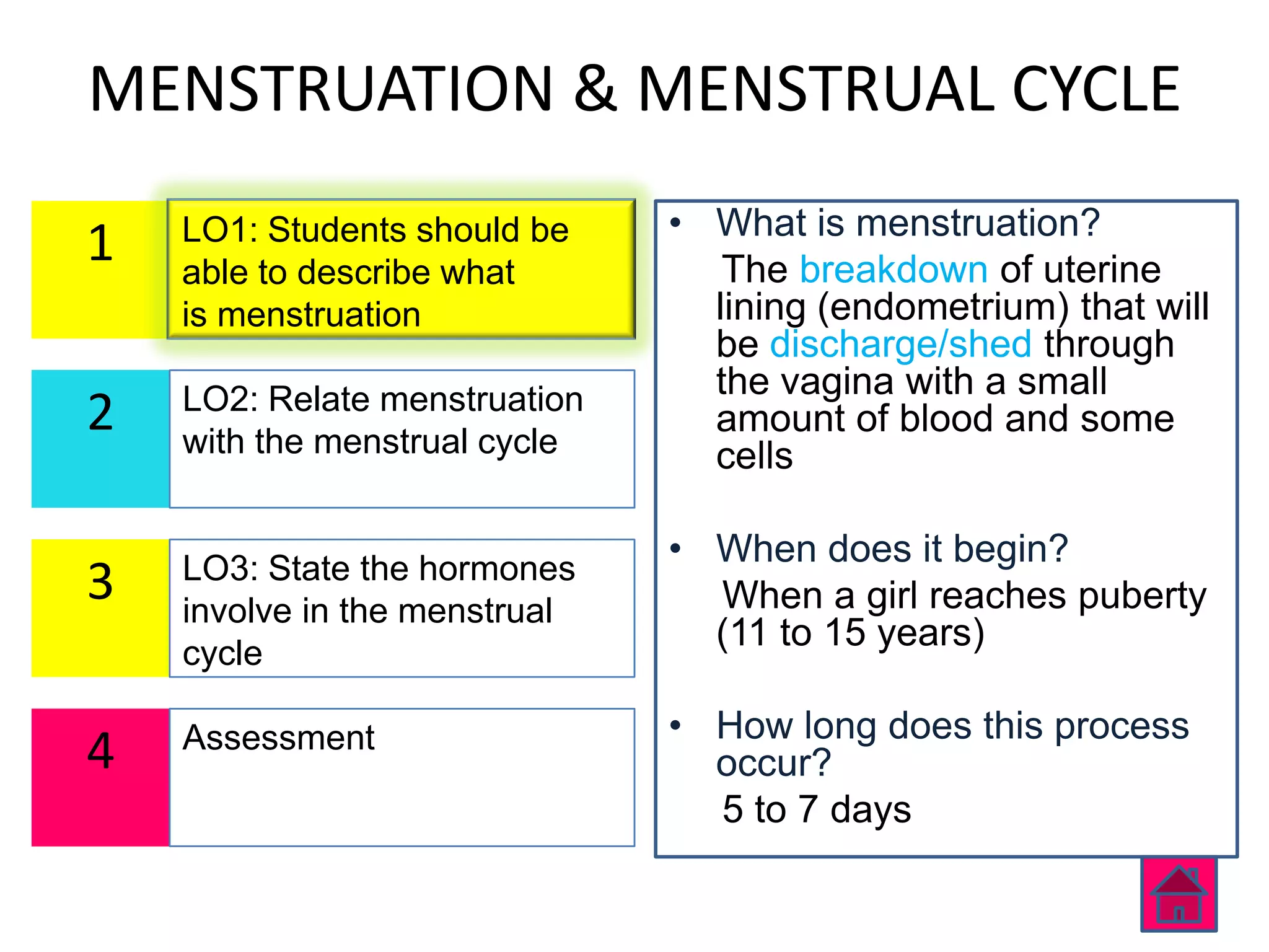 MENSTRUATION & MENSTRUAL CYCLE
    LO1: Students should be    • What is menstruation?
1   able to describe what         The breakdown of uterine
    is menstruation              lining (endometrium) that will
                                 be discharge/shed through
    LO2: Relate menstruation     the vagina with a small
2   with the menstrual cycle
                                 amount of blood and some
                                 cells

    LO3: State the hormones
                               • When does it begin?
3   involve in the menstrual     When a girl reaches puberty
                                 (11 to 15 years)
    cycle

    Assessment                 • How long does this process
4                                occur?
                                 5 to 7 days
 