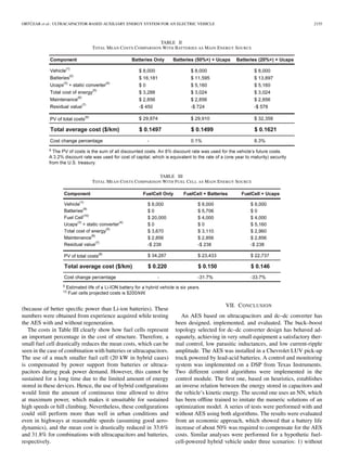 ORTÚZAR et al.: ULTRACAPACITOR-BASED AUXILIARY ENERGY SYSTEM FOR AN ELECTRIC VEHICLE 2155
TABLE II
TOTAL MEAN COSTS COMPARISON WITH BATTERIES AS MAIN ENERGY SOURCE
TABLE III
TOTAL MEAN COSTS COMPARISON WITH FUEL CELL AS MAIN ENERGY SOURCE
(because of better specific power than Li-ion batteries). These
numbers were obtained from experience acquired while testing
the AES with and without regeneration.
The costs in Table III clearly show how fuel cells represent
an important percentage in the cost of structure. Therefore, a
small fuel cell drastically reduces the mean costs, which can be
seen in the case of combination with batteries or ultracapacitors.
The use of a much smaller fuel cell (20 kW in hybrid cases)
is compensated by power support from batteries or ultraca-
pacitors during peak power demand. However, this cannot be
sustained for a long time due to the limited amount of energy
stored in these devices. Hence, the use of hybrid configurations
would limit the amount of continuous time allowed to drive
at maximum power, which makes it unsuitable for sustained
high speeds or hill climbing. Nevertheless, these configurations
could still perform more than well in urban conditions and
even in highways at reasonable speeds (assuming good aero-
dynamics), and the mean cost is drastically reduced in 33.6%
and 31.8% for combinations with ultracapacitors and batteries,
respectively.
VII. CONCLUSION
An AES based on ultracapacitors and dc–dc converter has
been designed, implemented, and evaluated. The buck–boost
topology selected for dc–dc converter design has behaved ad-
equately, achieving in very small equipment a satisfactory ther-
mal control, low parasitic inductances, and low current-ripple
amplitude. The AES was installed in a Chevrolet LUV pick-up
truck powered by lead-acid batteries. A control and monitoring
system was implemented on a DSP from Texas Instruments.
Two different control algorithms were implemented in the
control module. The first one, based on heuristics, establishes
an inverse relation between the energy stored in capacitors and
the vehicle’s kinetic energy. The second one uses an NN, which
has been offline trained to imitate the numeric solutions of an
optimization model. A series of tests were performed with and
without AES using both algorithms. The results were evaluated
from an economic approach, which showed that a battery life
increase of about 50% was required to compensate for the AES
costs. Similar analyses were performed for a hypothetic fuel-
cell-powered hybrid vehicle under three scenarios: 1) without
 