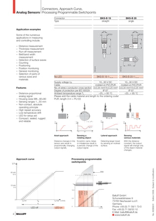 Analog Sensors
Connectors, Approach Curve,
Processing Programmable Switchpoints
BKS-B 19
straight
BKS-B 19-1-_ _
10...30 V DC
molded-on PVC/PUR
3×0.34 mm²/4×0.25 mm²
IP 67
–25...+ 85 °C
BKS-B 20
angle
BKS-B 20-1-_ _
10...30 V DC
molded-on PVC/PUR
3×0.34 mm²/4×0.25 mm²
IP 67
–25...+ 85 °C
Connector
Type
No LED
Supply voltage UB
Cable
No.of wires×conductor cross section
Degree of protection per IEC 60529
Ambient temperature range Ta
Application examples
Some of the numerous
applications in measuring
and controlling include:
– Distance measurement
– Thickness measurement
– Run-off measurement
– Belt/band width
measurement
– Detection of surface waves
– Counting
– Positioning
– Position monitoring
– General monitoring
– Selection of parts of
various sizes and
materials
Features
– Distance-proportional
analog signal
– Housing sizes M8...80×80
– Sensing ranges 1...50 mm
– Non-contact, absolute
operating principle
– High repeat accuracy
– Low temperature drift
– LED for setup aid
– Compact, sealed, rugged
and reliable
Approach curve
LED off LED on
critical
range
workingwindow
brake disc
wear
prohibited
range
4
No.830858E.Edition0308;Subjecttomodification.
Please add the cable material and length to the ordering code!
PUR, length 3 m = PU-03
Sensing a
rotating object
Eccentric cams, lobes
or imbalances result in
a periodic change of the
output signal.
Lateral approach
Detecting larger travel
by sensing an inclined
surface.
Sensing
various materials
With the distance
constant, the output
signal will change only
of the object material
changes.
Axial approach
Distance changes in the
sensor axis result in
proportionally changing
output signals.
Balluff GmbH
Schurwaldstrasse 9
73765 Neuhausen a.d.F.
Germany
Phone +49 (0) 71 58/1 73-0
Fax +49 (0) 71 58/50 10
E-Mail: balluff@balluff.de
www.balluff.de
Processing programmable
switchpoints
 