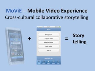 MoViE – Mobile Video Experience
Cross-cultural collaborative storytelling


                                 Story
           +                 =   telling
 