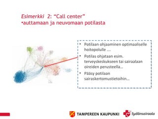 • Potilaan ohjaaminen optimaaliselle
hoitopolulle ….
• Potilas ohjataan esim.
terveyskeskukseen tai sairaalaan
oireiden perusteella…
• Pääsy potilaan
sairaskertomustietoihin…
• Potilaan ohjaaminen optimaaliselle
hoitopolulle ….
• Potilas ohjataan esim.
terveyskeskukseen tai sairaalaan
oireiden perusteella…
• Pääsy potilaan
sairaskertomustietoihin…
Esimerkki 2: “Call center”
•auttamaan ja neuvomaan potilasta
 