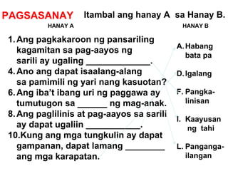 PAGSASANAY Itambal ang hanay A  sa Hanay B. HANAY A HANAY B Ang pagkakaroon ng pansariling kagamitan sa pag-aayos ng sarili ay ugaling _____________. Ano ang dapat isaalang-alang  sa pamimili ng yari nang kasuotan? Ang iba’t ibang uri ng paggawa ay tumutugon sa ______ ng mag-anak. Ang paglilinis at pag-aayos sa sarili ay dapat ugaliin ___________. Kung ang mga tungkulin ay dapat gampanan, dapat lamang ________ ang mga karapatan. Habang  bata pa Igalang Pangka- linisan Kaayusan   ng  tahi Panganga- ilangan 