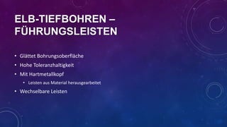 ELB-TIEFBOHREN –
FÜHRUNGSLEISTEN
• Glättet Bohrungsoberfläche
• Hohe Toleranzhaltigkeit
• Mit Hartmetallkopf
• Leisten aus Material herausgearbeitet

• Wechselbare Leisten

 