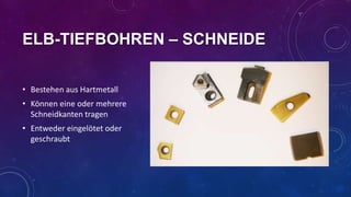 ELB-TIEFBOHREN – SCHNEIDE
• Bestehen aus Hartmetall

• Können eine oder mehrere
Schneidkanten tragen
• Entweder eingelötet oder
geschraubt

 