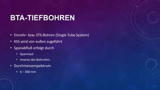 BTA-TIEFBOHREN
• Einrohr- bzw. STS-Bohren (Single Tube System)
• KSS wird von außen zugeführt
• Spanabfluß erfolgt durch
• Spanmaul
• Inneres des Bohrrohrs

• Durchmesserspektrum
• 6 – 300 mm

 