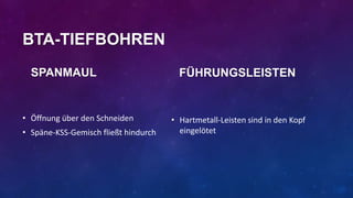 BTA-TIEFBOHREN
SPANMAUL

• Öffnung über den Schneiden
• Späne-KSS-Gemisch fließt hindurch

FÜHRUNGSLEISTEN

• Hartmetall-Leisten sind in den Kopf
eingelötet

 
