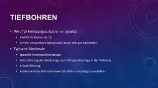 TIEFBOHREN
• Wird für Fertigungsaufgaben eingesetzt
• Verhältnis kleiner als 10
• Schwer zerspanbare Materialen lassen sich gut bearbeiten

• Typische Merkmale
• Spezielle Hartmetallwerkzeuge

• Selbstführung des Werkzeugs durch Dreipunktanlage in der Bohrung
• Anbohrführung
• Kontinuierliche Kühlschmiermittelzufuhr und stetige Spanabfuhr

 
