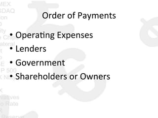 Order	
  of	
  Payments	
  
• Opera0ng	
  Expenses	
  
• Lenders	
  
• Government	
  
• Shareholders	
  or	
  Owners	
  
 