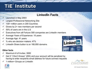 LinkedIn Facts
   Launched in May 2003
   Largest Professional Networking Site
   135+ million users in 200 Countries
   Grows by 2+ new members per second
   50% of users are in the U.S
   Executives from all Fortune 500 companies are LinkedIn members
   Average Years of Experience: 15 years
   Average Age: 41 years
   % who are decision makers: 47%
   LinkedIn Share button is on 180,000 domains

Other facts
 Maximum # of Invites: 3000
 Get 5 “I Don’t Knows” (IDK) and your account will be penalized by
   having to enter recipients email address for future connect requests
 1 million+ Groups on LinkedIn
 
