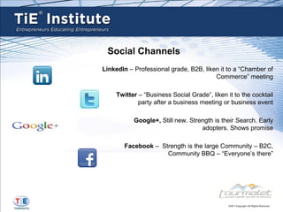 Social Channels
LinkedIn – Professional grade, B2B, liken it to a “Chamber of
                                        Commerce” meeting

    Twitter – “Business Social Grade”, liken it to the cocktail
            party after a business meeting or business event

           Google+, Still new. Strength is their Search. Early
                                   adopters. Shows promise

       Facebook – Strength is the large Community – B2C,
                    Community BBQ – “Everyone’s there”
 