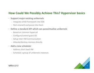 • Support major existing unikernels
– Integrate virtIO framework into ESXi
– Port vmxnet3 and pvscsi into them
• Define a standard API which can paravirtualize unikernels
– Based on common hypercall
– Configure/control guest OS
– Setup Inter-VM Communication
– Allocate/destroy memory directly
• Add a new scheduler
– Address short lived VM
– Schedule a group of unikernels instances
How Could We Possibly Achieve This? Hypervisor basics
13
 