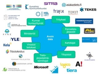 Avoin data Ministeriöt Kunnat kuntayhtymät Virastot laitokset Yritykset Kansalais-järjestöt Kehittäjät Tieto-järjestelmä-toimittajat Yliopistot Pyöräliitto 