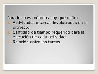 Para los tres métodos hay que definir:Actividades o tareas involucradas en el proyecto.Cantidad de tiempo requerido para la ejecución de cada actividad.Relación entre las tareas.