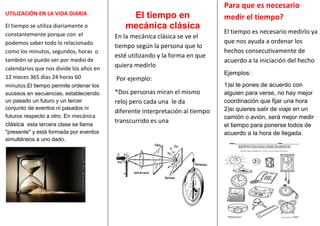 UTILIZACIÓN EN LA VIDA DIARIA
El tiempo se utiliza diariamente o
constantemente porque con el
podemos saber todo lo relaci...