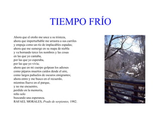 TIEMPO   FRÍO Ahora que el otoño me unce a su tristeza, ahora que imperturbable me arrastra a sus carriles y empuja como un río de implacables espadas; ahora que me sumerge en su mapa de niebla y va borrando terco los nombres y las cosas en las que yo cantaba, por las que yo esperaba, por las que yo vivía; ahora que en mi cuerpo golpean los adioses como pájaros muertos caídos desde el aire, como largos pañuelos de oscuros emigrantes; ahora entro y me busco en el recuerdo, mientras llueve en el parque, y no me encuentro, perdido en la memoria, niño solo buscando una esperanza. RAFAEL MORALES,  Prado de serpientes,  1982. 